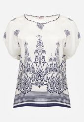 Granatowa Wiskozowa Bluzka z Etnicznym Wzorem Melloshell. Niebieskie bluzki damskie Born2be, l, bez wzorów, z wiskozy, eleganckie, bez kołnierzyka, bez ramiączek. Za 49.99 zł.