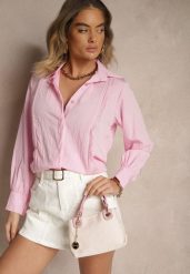 Różowa Koszula z Wiskozą Ozdobiona Koronką Tenamara. Czerwone bluzki damskie Renee, l, z aplikacjami, z jeansu, eleganckie, bez kołnierzyka, bez ramiączek. Za 74.99 zł.