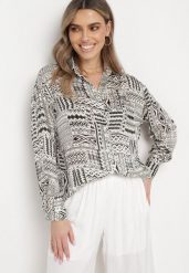 Beżowo-Czarna Koszula w Etno Wzór Giolua. Brązowe bluzki damskie Born2be, l, bez wzorów, boho, bez kołnierzyka, bez ramiączek. Za 89.99 zł.