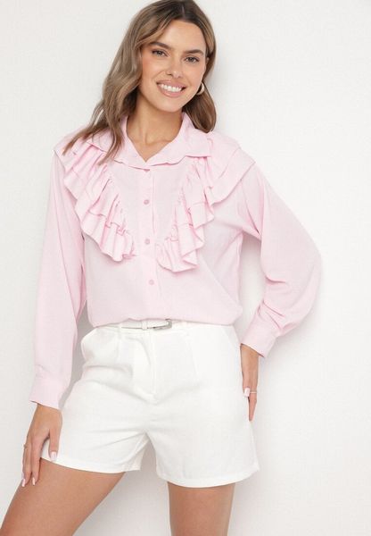 Różowa Koszula z Ozdobną Falbaną Cornelea. Czerwone bluzki damskie Born2be, bez wzorów, z jeansu, eleganckie, bez kołnierzyka, bez ramiączek. Za 69.99 zł.