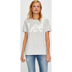 Lee - Top. Szare topy damskie Lee, z nadrukiem, z bawełny, z okrągłym kołnierzem, z krótkim rękawem. Za 119.90 zł.