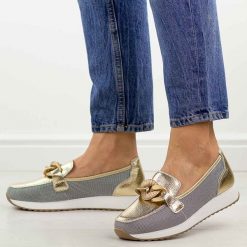 Złote skórzane półbuty damskie Dia 7045. Żółte mokasyny damskie DiA, na jesień, bez wzorów, z jeansu, biznesowe, z okrągłym noskiem, bez obcasa, na płaskiej podeszwie, bez zapięcia. Za 299.00 zł.