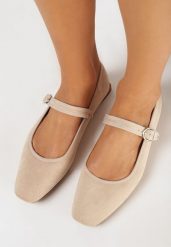 Beżowe Balerinki z Kwadratowym Noskiem i Zapięciem na Sprzączkę Lavitera. Brązowe baleriny damskie Born2be, bez wzorów, eleganckie, bez obcasa. Za 64.99 zł.