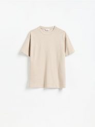 Bawełniany t-shirt boxy - beżowy. Brązowe t-shirty męskie Reserved, l, bez wzorów, z bawełny, bez kołnierzyka. Za 79.99 zł.