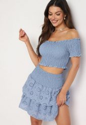 Jasnoniebieski Bawełniany Komplet Krótki Top Typu Hiszpanka Spódnica Ażurowa z Gumką w Pasie Vimabelle. Niebieskie spódnice damskie Born2be, m, z aplikacjami, z bawełny, mini. Za 79.99 zł.