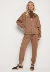 Ciemnobeżowy Komplet Dresowy Rozpinana Bluza i Spodnie Joggery z Bawełną Anarrise. Brązowe bluzy damskie Born2be, l, bez wzorów, z bawełny, z kapturem. Za 149.99 zł.