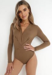 Brązowe Body Candletree. Brązowe bluzki damskie Born2be, m, z aplikacjami, z jeansu, eleganckie, bez kołnierzyka, bez ramiączek. Za 79.99 zł.