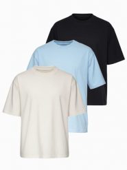Zestaw bawełnianych koszulek męskich loose fit z okrągłym dekoltem - czarna/błękitna/biała V2 - Rozmiar: L. Czarne t-shirty męskie Ombre Clothing, l, bez wzorów, z bawełny, biznesowe, bez kołnierzyka. Za 209.99 zł.
