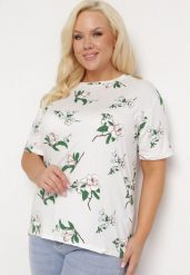 Biały T-shirt Koszulka z Krótkim Rękawem w Kwiaty Henubia. Białe bluzki damskie Born2be, l, bez wzorów, z materiału, eleganckie, bez kołnierzyka. Za 29.99 zł.