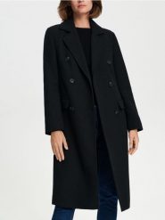 Płaszcz dwurzędowy - czarny. Czarne płaszcze damskie Sinsay, l, bez wzorów, eleganckie, bez kaptura. W wyprzedaży za 59.99 zł.