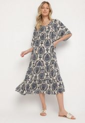 Niebieska Sukienka z Bawełną w Abstrakcyjny Wzór Filindela. Niebieskie sukienki damskie Born2be, na co dzień, l, z aplikacjami, z bawełny, eleganckie, bez kołnierzyka, bez ramiączek, midi. Za 49.99 zł.