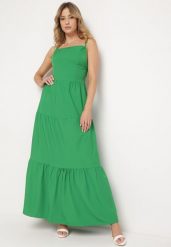 Zielona Rozkloszowana Sukienka na Ramiączkach Zawiązywana z Tyłu z Elastyczną Gumką w Talii Grililena. Zielone sukienki damskie Born2be, na lato, l, bez wzorów, bez kołnierzyka, bez ramiączek, rozkloszowane. Za 49.99 zł.