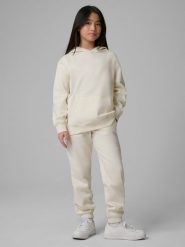 4F Spodnie dresowe joggery dziewczęce - białe 140 (9-10 lat). Białe spodnie sportowe dla dziewczynek 4f, bez wzorów, z dresówki. Za 79.99 zł.