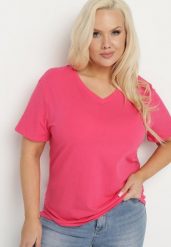 Różowy Bawełniany T-shirt z Trójkątnym Dekoltem Nusalia. Czerwone bluzki damskie Born2be, uniwersalny, bez wzorów, z bawełny, bez kołnierzyka. Za 29.99 zł.