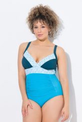 Damski Strój kąpielowy naszywki miękkie miseczki z recyklingu. Niebieskie kostiumy jednoczęściowe damskie Ulla Popken, plus size, z aplikacjami, z elastanu, plus size, do pływania. Za 239.99 zł.