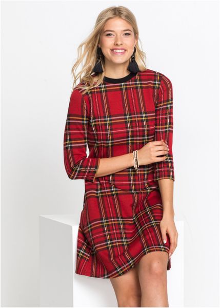 Sukienka mini żakardowa w kratę. Czerwone sukienki damskie bonprix, bez wzorów, z żakardem, bez kołnierzyka, bez ramiączek, mini. Za 179.99 zł.