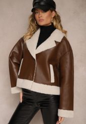 Brązowa Kurtka Biker w Stylu Ramoneski z Futrzanym Ociepleniem Nikinia. Brązowe kurtki damskie Renee, l, bez wzorów, z futra, bez kaptura. Za 279.99 zł.