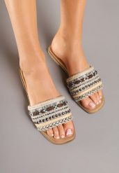 Brązowo-Beżowe Klapki z Nitami Plecione w Stylu Boho Lanvisa. Brązowe klapki damskie Renee, bez wzorów, z materiału, boho, bez obcasa, na płaskiej podeszwie. Za 39.99 zł.