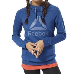 Bluza sportowa damska Reebok D95470. Niebieskie bluzy sportowe damskie Reebok, l, bez wzorów, z materiału, z kapturem, na fitness i siłownię. Za 247.00 zł.