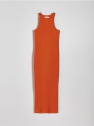 Sukienka maxi z bawełnianej dzianiny - pomarańczowy. Brązowe sukienki damskie Reserved, l, bez wzorów, z bawełny, bez kołnierzyka, bez ramiączek, maxi, dopasowane. W wyprzedaży za 29.99 zł.