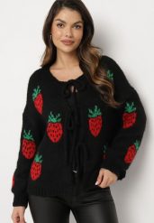 Czarny Kardigan Wiązany z Domieszką Wełny i Wiskozy Ozdobiony Wzorem w Truskawki Cesiella. Czarne kardigany damskie Born2be, z aplikacjami, z jeansu, eleganckie. Za 129.99 zł.