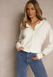 Biały Rozpinany Kardigan z Wełną Kornelira. Białe kardigany damskie Renee, bez wzorów, z jeansu, eleganckie, bez kołnierzyka, bez ramiączek, bez kaptura. Za 149.99 zł.