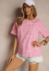 Różowy Bawełniany T-shirt o Kroju Oversize z Ozdobnym Nadrukiem Aveneli. Czerwone bluzki damskie Renee, m, z aplikacjami, z bawełny, eleganckie, bez kołnierzyka. Za 39.99 zł.