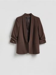 Marynarka z dodatkiem wiskozy - ciemnobrązowy. Brązowe żakiety damskie Reserved, l, bez wzorów, z tkaniny. Za 199.99 zł.