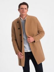 Płaszcz męski z asymetrycznym zapięciem - camel V4 - Rozmiar: M. Brązowe płaszcze męskie Ombre Clothing, m, bez wzorów, z poliesteru, bez kaptura. W wyprzedaży za 199.99 zł.