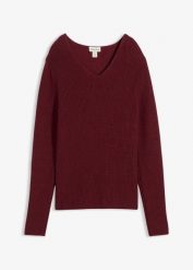 Sweter z prążkowanej dzianiny z czystej bawełny organicznej. Czerwone swetry damskie bonprix, bez wzorów, z bawełny, klasyczne, bez kołnierzyka, bez ramiączek, bez kaptura. Za 99.99 zł.