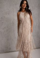 Beżowa Sukienka Wieczorowa na Ramiączkach z Ozdobnymi Frędzlami Glystarish. Brązowe sukienki dla dziewczynek Renee, bez wzorów, glamour, bez ramiączek, długie. Za 259.99 zł.