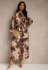 Ciemnobeżowa Sukienka o Pudełkowym Kroju w Kwiatowy Wzór Ozdobiona Paskiem Acexia. Brązowe sukienki damskie Renee, do pracy, l, z aplikacjami, biznesowe, bez kołnierzyka, bez ramiączek, maxi. Za 129.99 zł.