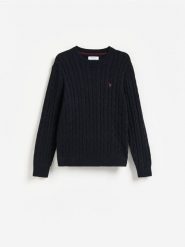 Sweter z haftem - granatowy. Niebieskie swetry przez głowę męskie Reserved, l, bez wzorów, z bawełny, bez kołnierzyka. Za 149.99 zł.