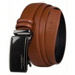 Elegancki, skórzany pasek męski w jasnobrązowym kolorze z automatyczną klamrą Peterson PTN A009-AB TAN. Brązowe paski damskie Peterson, bez wzorów, ze skóry, eleganckie. Za 59.99 zł.