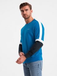 Trójkolorowa dresowa męska bluza z raglanowymi rękawami – niebieska V4 - Rozmiar: L. Niebieskie bluzy męskie Ombre Clothing, l, bez wzorów, z bawełny, bez kaptura. W wyprzedaży za 99.99 zł.