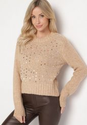 Ciemnobeżowy Sweter z Bawełną Ozdobiony Cekinami Savalenne. Brązowe swetry damskie Born2be, z aplikacjami, z bawełny, klasyczne, bez kołnierzyka, bez ramiączek, długie, bez kaptura. Za 74.99 zł.