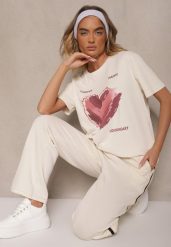Jasnobeżowy T-shirt z Nadrukiem w Kształcie Serca Palalea. Brązowe t-shirty i topy dla dziewczynek Renee, bez wzorów, bez ramiączek. Za 34.99 zł.