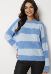 Niebieski Sweter w Pasy z Wełną Zakończony Ściągaczem Tiaelle. Niebieskie swetry damskie Born2be, bez wzorów, z wełny, klasyczne, bez kołnierzyka, bez ramiączek, bez kaptura. Za 129.99 zł.