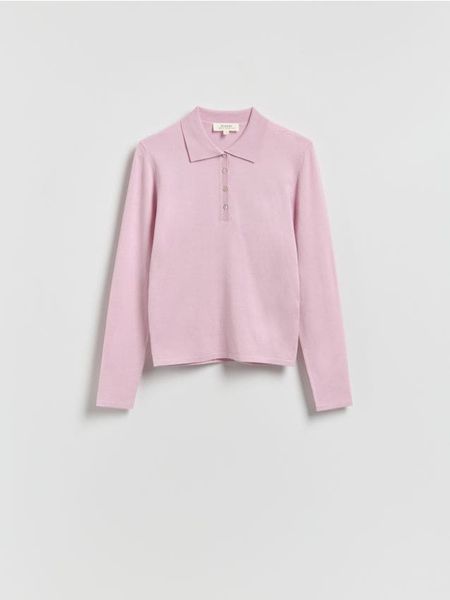 Sweter z kołnierzykiem - różowy. Czerwone swetry damskie Reserved, l, bez wzorów, z dzianiny, bez kołnierzyka, bez ramiączek, bez kaptura. W wyprzedaży za 89.99 zł.