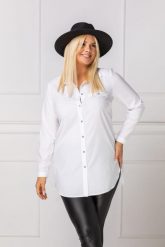 Elegancka biała długa zapinana koszula PLUS SIZE XXL. Białe bluzki damskie Nasi partnerzy, plus size, bez wzorów, z poliesteru, eleganckie, bez kołnierzyka, plus size, bez ramiączek. Za 199.90 zł.