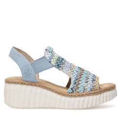 Sandały Rieker. Niebieskie klapki damskie Rieker, bez wzorów, bez obcasa, na koturnie, bez zapięcia. Za 319.99 zł.