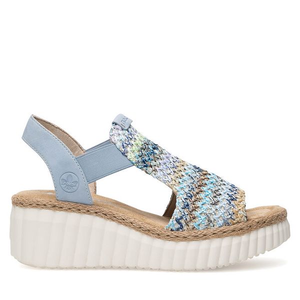 Sandały Rieker. Niebieskie klapki damskie Rieker, bez wzorów, bez obcasa, na koturnie, bez zapięcia. Za 319.99 zł.
