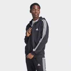 Bluza z kapturem Essentials Fleece 3-Stripes Full-Zip. Czarne bluzy sportowe męskie Adidas, s, bez wzorów, z materiału, z kapturem, na fitness i siłownię. Za 237.00 zł.