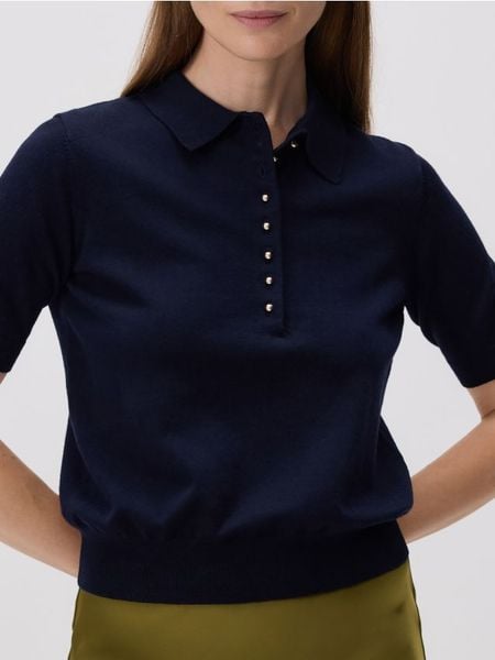 Sweter z kołnierzykiem - granatowy. Niebieskie swetry damskie Reserved, l, bez wzorów, z dzianiny, bez kołnierzyka, bez ramiączek, bez kaptura. W wyprzedaży za 59.99 zł.