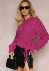 Ciemnofioletowy Sweter z Ozdobnym Sznurowaniem na Dole i Ściągaczami Miritu. Fioletowe swetry damskie Renee, bez wzorów, z wiskozy, casualowe, bez kołnierzyka, bez ramiączek, bez kaptura. Za 129.99 zł.