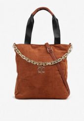 Brązowa Torebka Shopper z Ekozamszu Zdobiona Eleganckim Łańcuszkiem Leathraen. Brązowe torebki shopper damskie Renee, z aplikacjami, z jeansu, biznesowe, zdobione, bez dodatków. Za 74.99 zł.