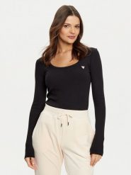 Guess Bluzka V4BP07 K8RT2 Czarny Rib Fit. Czarne bluzki damskie Guess, m, z aplikacjami, z wiskozy, bez kołnierzyka, bez ramiączek. Za 119.99 zł.