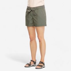 Spodenki turystyczne damskie Quechua NH100. Brązowe szorty sportowe damskie QUECHUA, s, bez wzorów, z bawełny, sportowe, trekkingowe. W wyprzedaży za 49.99 zł.
