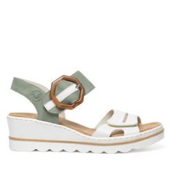 Sandały Rieker. Zielone sandały damskie Rieker, bez wzorów, bez obcasa, na koturnie, bez zapięcia. Za 299.99 zł.