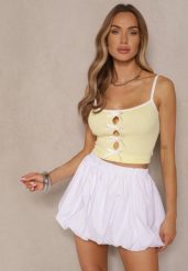 Żółty Top z Prążkowanego Materiału Ozdobiony Kokardami Lenissea. Żółte bluzki damskie Renee, na lato, z aplikacjami, z jeansu, eleganckie, bez kołnierzyka, bez ramiączek. Za 54.99 zł.